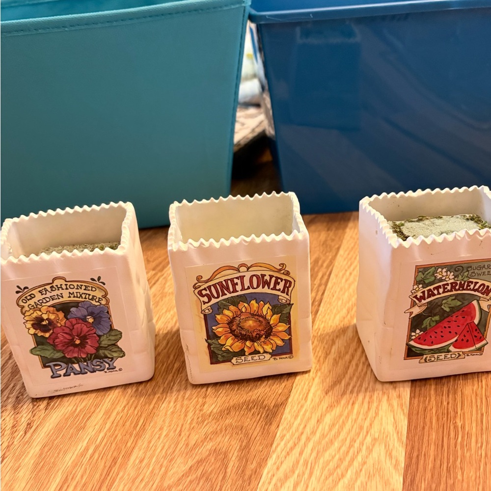 Set of Three Ceramic Planters with Floral Designs